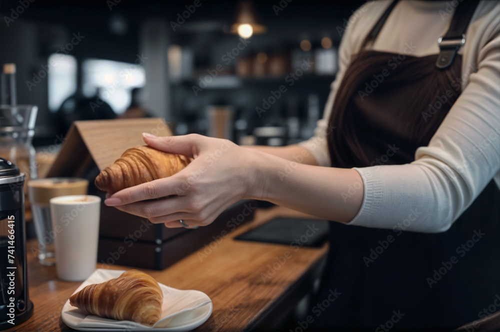 Close-up of a female barista hand serving a croissant. Coffee shop shopping concept, desserts, pastries.