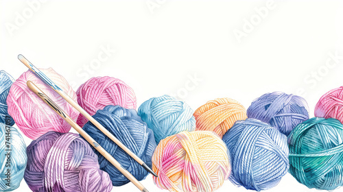 free space on the left corner for title banner with a watercolor style, knitting, balls of yarn, knitting needles, white background