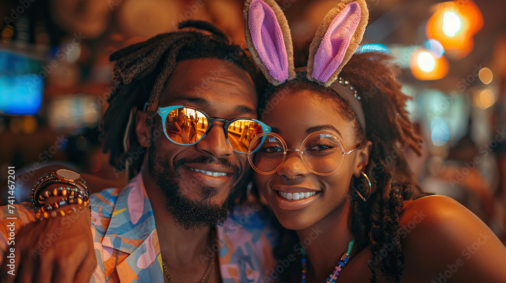The married young couple wearing Easter bunny ears takes a selfie on their smartphones at home The married young couple wearing Easter bunny ears takes a selfie on their smartphones at home