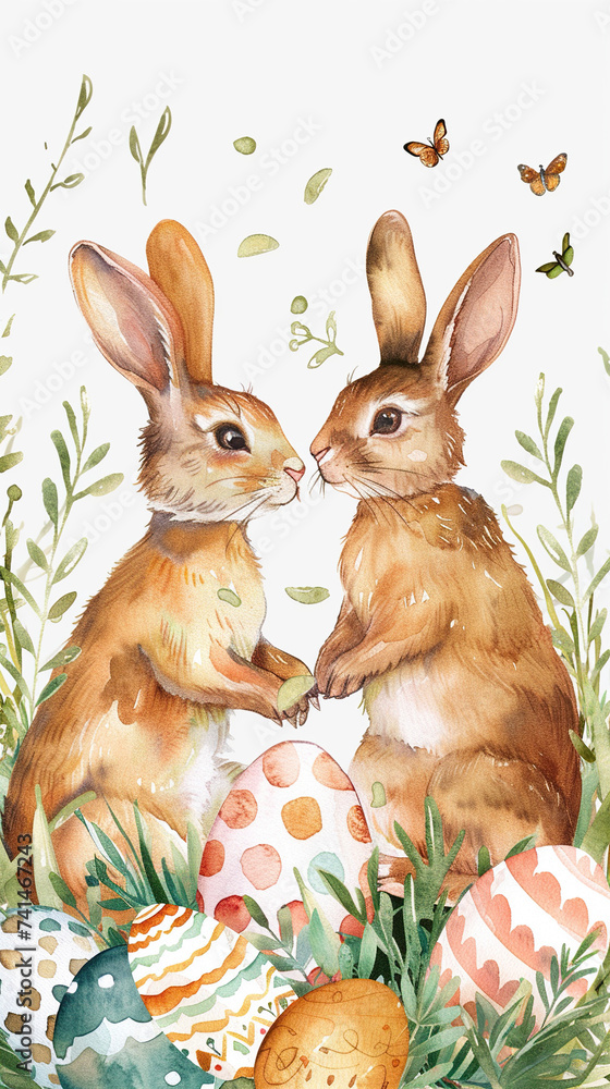 Fototapeta premium Watercolor card on a white background with rabbits and Easter eggs
