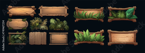 Collection of Wooden Signboards Adorned with Lush Green Foliage, Ideal for Game Interfaces and Natural Themed © Zaleman