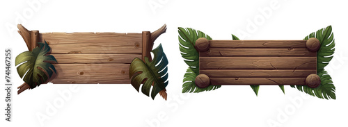 Detailed Wooden Signboards Surrounded by Lush Green Leaves, Ideal for Nature-Themed Designs and Outdoor