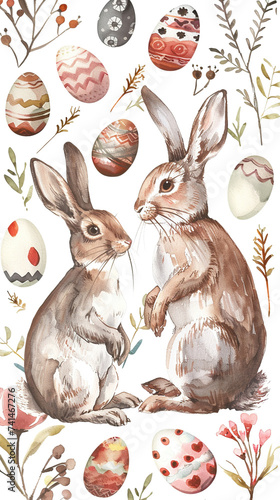 Watercolor card on a white background with rabbits and Easter eggs