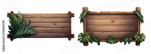 Realistic Wooden Signboards Surrounded by Lush Green Foliage, Ideal for Nature-Themed Designs and Outdoor