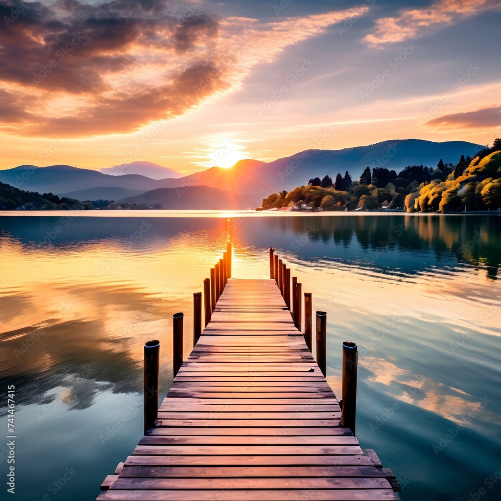 A serene lake with a wooden pier, surrounded by hills and trees, where the sun sets in the horizon and casts a golden glow, image stock photo