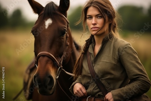 Portrait of a beautiful girl in a military uniform with a horse