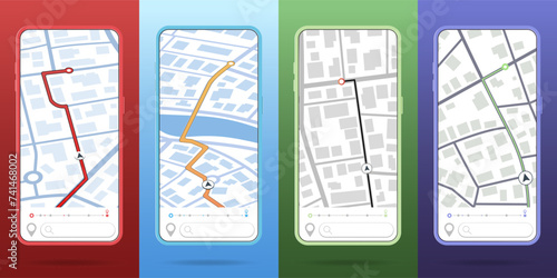 GPS city map app concept. Smartphone navigation application for travel with location mark, pointer, on screen. Search Location service design. Navigation Vector illustration for web, advert, banner