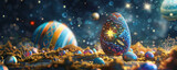 Easter egg and stars against the background of the night starry sky with planets