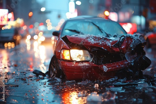 A battered red car sits abandoned in the rain-soaked city streets, its damaged front end a stark contrast to the glistening automotive lights and snowy winter backdrop photo