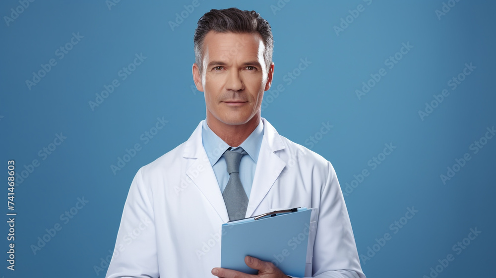 Portrait of confident medical doctor holding a clipboard in his hands on blue background Portrait of confident medical doctor holding a clipboard in his hands on blue background