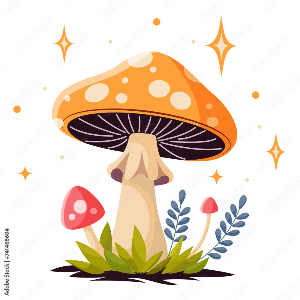 Vector flat style fairy magic fantasy mushrooms with grass and twigs in magic forest. Vector fungi and fantastic toadstools isolated on white background. For web, video games, design printing. Vector flat style fairy magic fantasy mushrooms with grass and twigs in magic forest. Vector fungi and fantastic toadstools isolated on white background. For web, video games, design printing.