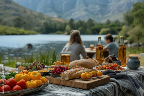Amidst a breathtaking mountain landscape, a group of people gather around an outdoor table, indulging in locally sourced whole foods and refreshing drinks while taking in the natural beauty of the la