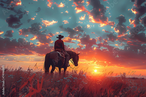 Cowboy riding horse in sunset © David