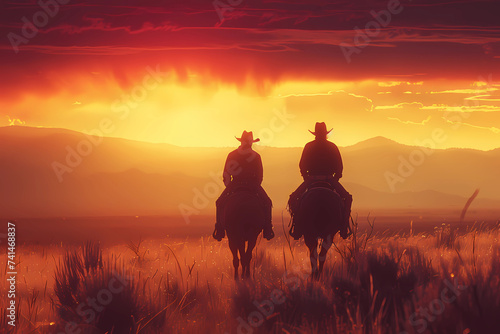 Silhouette of a cowboys in fire sunset photo