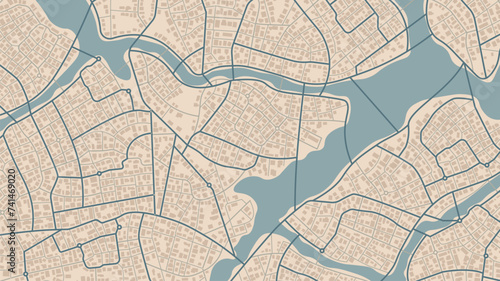 Generic city map with signs of streets, roads, house. Abstract navigation plan of urban area. Simple scheme of city. Colored flat, editable vector illustration