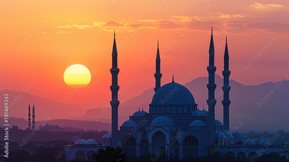 Mosque at sunset scene. Ramadan background. AI Generative