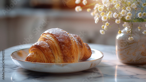 Baked goods A croissant rests on a plate near a vase of flowers on a table photo