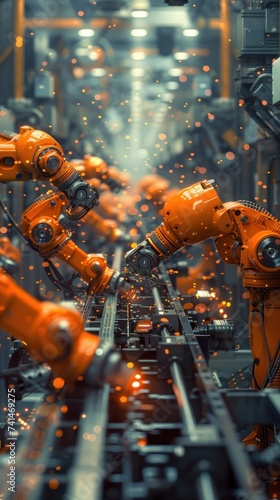 Orange robotic arm working on a production line amidst sparks, symbolizing industrial automation and technology.