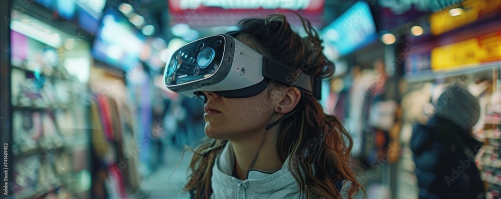 A young woman immerses herself in a virtual reality experience amidst the colorful blur of a city environment
