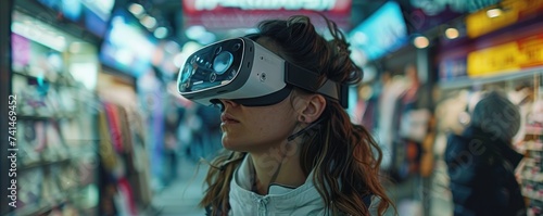 A young woman immerses herself in a virtual reality experience amidst the colorful blur of a city environment