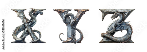 Letters X, Y, Z in dragon style. Unusual fantasy font on the transparent background.