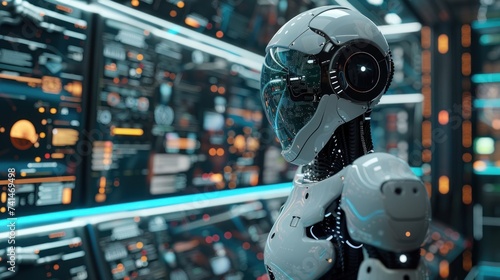 A high-tech android head profiled against a backdrop of complex data panels and glowing circuits