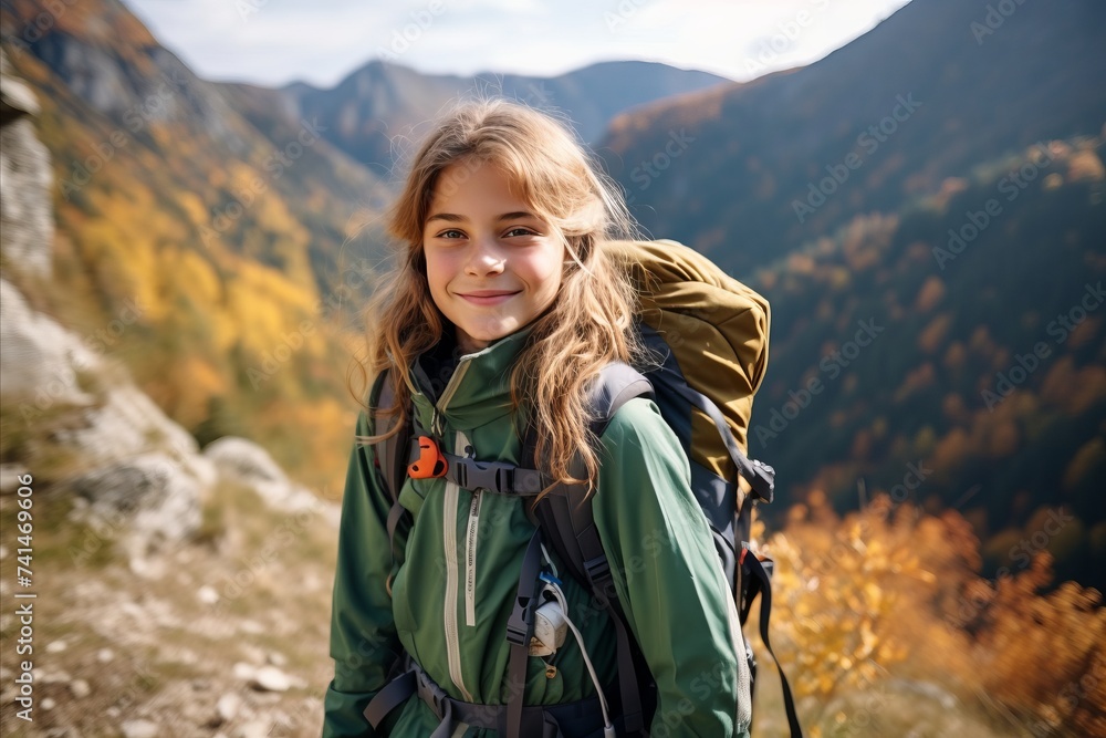 A girl with a backpack on the background of the autumn mountains.