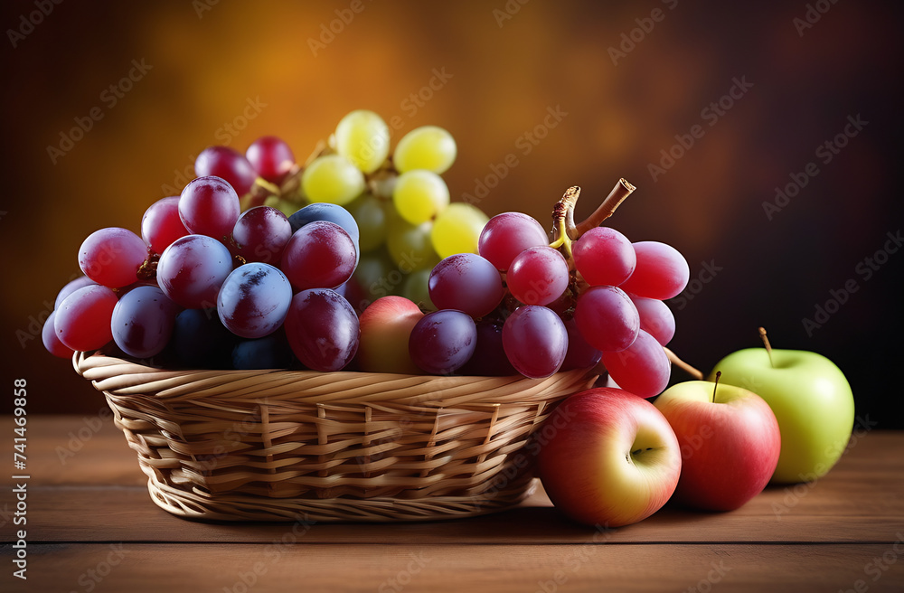 basket with grapes and apples