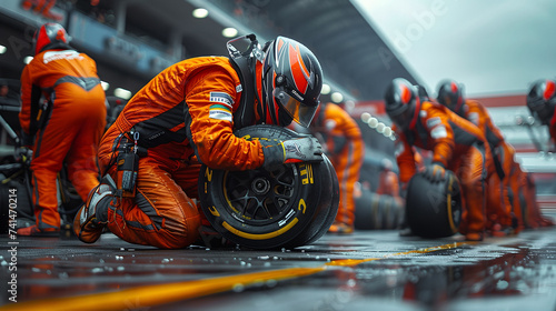 A professional racing team executing a precise pit stop during a high-speed formula race. photo