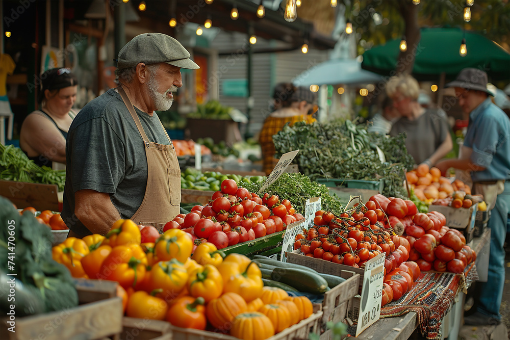Senior vendor with cap arranging a colorful display of fresh tomatoes at a lively outdoor market.
