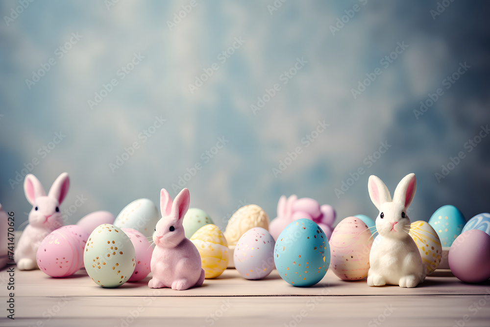 Cute and colorful easter eggs and bunny studio background with copy space Cute and colorful easter eggs and bunny studio background with copy space