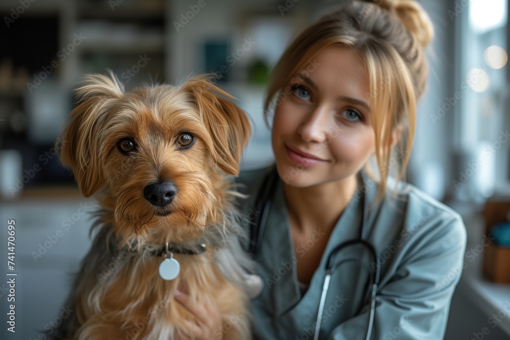 A stylish woman proudly poses with her loyal companion, a terrier breed dog, in the comfort of their indoor home while wearing a warm brown outfit and gazing lovingly at her furry friend A stylish woman proudly poses with her loyal companion, a terrier breed dog, in the comfort of their indoor home while wearing a warm brown outfit and gazing lovingly at her furry friend