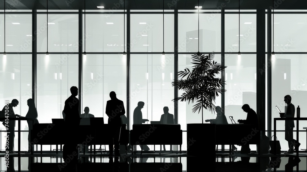Silhouetted figures of professionals engaged in various activities in a modern office setting with large, bright windows. - obrazy, fototapety, plakaty 