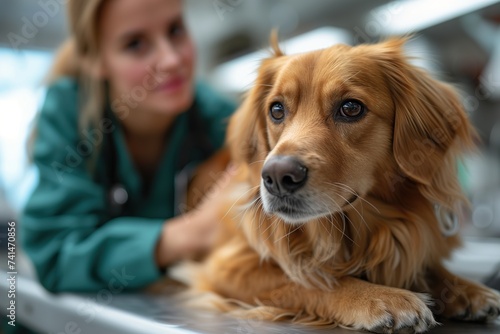 A content golden retriever lounges on a table, basking in the loving presence of its owner, a smiling woman with a warm brown gaze