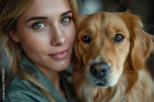 A joyful woman proudly poses with her beloved brown dog, their beaming smiles and adoring eyes creating a heartwarming portrait of love and companionship