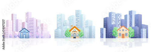 City posters set. Building for rent or sale. Options concept for leasing or selling commercial properties. Houses at metropolis Modern city landscape. Vector illustration