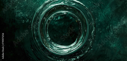 Deep emerald opaque abstract circular metallic, frozen water vibe, suspended, light reflections, black background, minimalist concept
