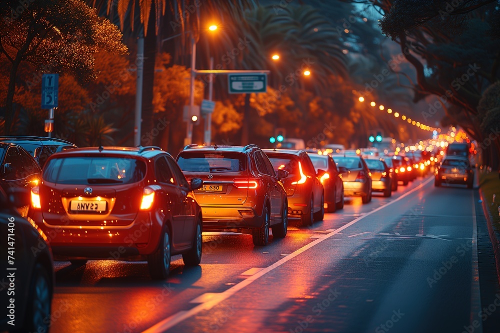 A bustling city street illuminated by the glowing lights of a row of cars, each one a symbol of modern transportation and the constant movement of urban life A bustling city street illuminated by the glowing lights of a row of cars, each one a symbol of modern transportation and the constant movement of urban life