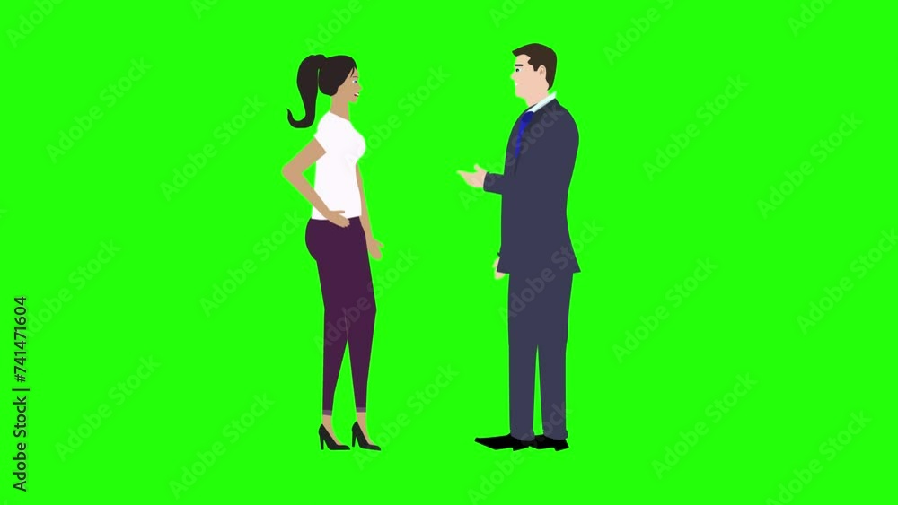 Animation with man and woman character talking each other chroma key, green screen, for explainer videos Animation with man and woman character talking each other chroma key, green screen, for explainer videos
