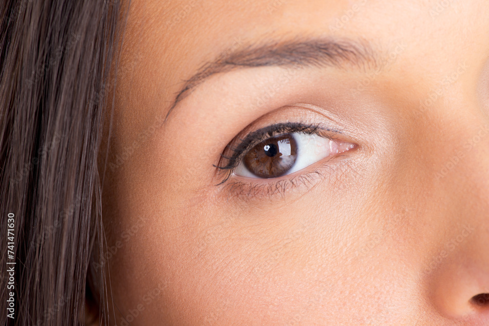 Fototapeta premium Woman, eye and portrait closeup with eyebrow microblading and grooming treatment with makeup. Cosmetics, facial and vision care with liquid liner, mascara and lashes of female person with dermatology