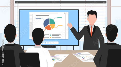 Group of business people sitting at desk with laptops, Presentation meeting with team, Business persons in office meeting room, Business planing team.