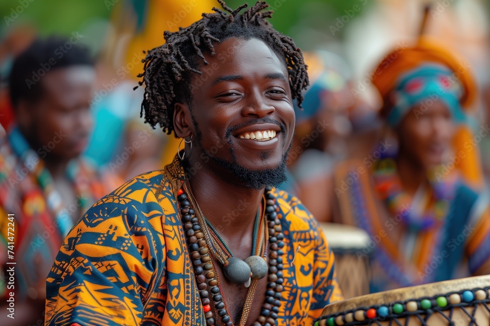 A joyful man drums with passion, his beaming smile captivating his outdoor audience, dressed in fan-like clothing A joyful man drums with passion, his beaming smile captivating his outdoor audience, dressed in fan-like clothing