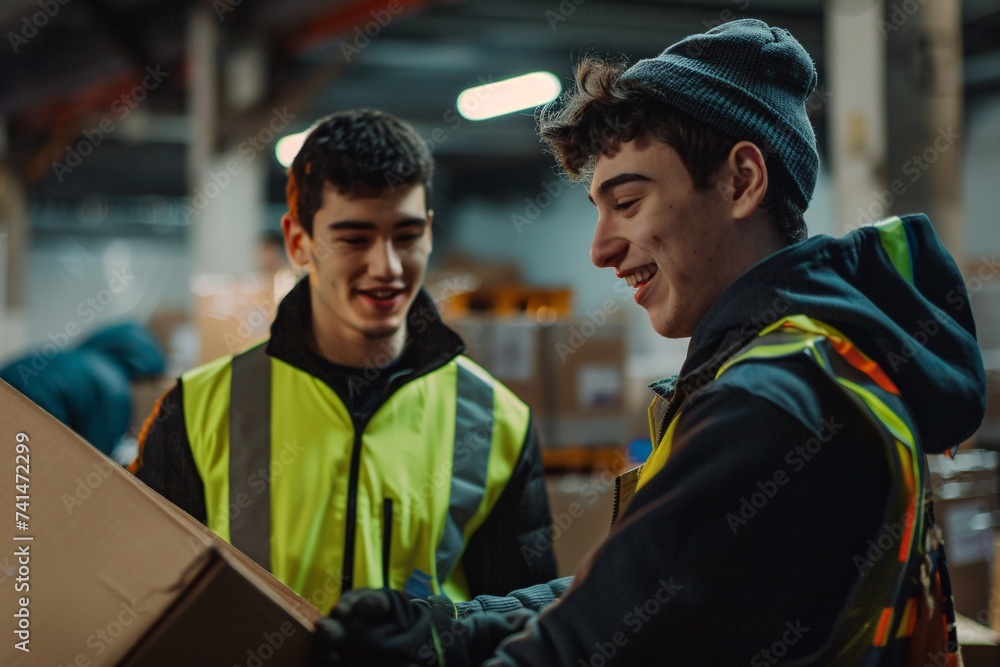 workers are at work sorting shipments in a shipping warehouse. Generative AI workers are at work sorting shipments in a shipping warehouse. Generative AI
