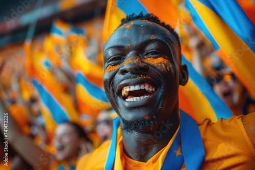 A vibrant and joyous man with a dusting of orange powder on his face beams with happiness, radiating an infectious energy and playful spirit photo