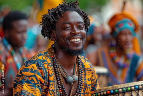 A joyful man drums with passion, his beaming smile captivating his outdoor audience, dressed in fan-like clothing