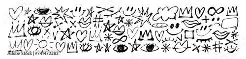 Abstract brush drawn doodle elements like crowns, hearts, stars, eyes and various icons.