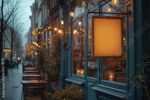 Cozy Cafe Exterior with Warm Lights on a Dusky Evening. Generative AI image photo