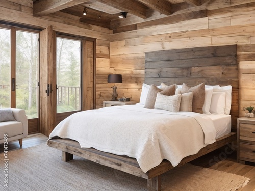A light wooden bedroom setting. Luxury king bed with a luxury pillows. The high windows offer a scenic view of a lush forest.