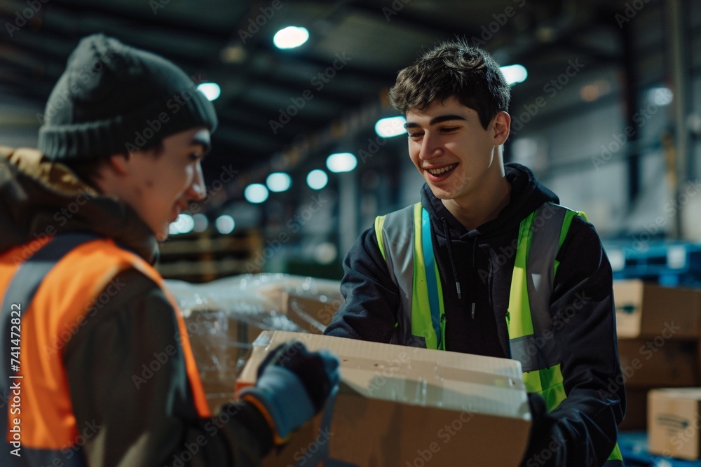 workers are at work sorting shipments in a shipping warehouse. Generative AI workers are at work sorting shipments in a shipping warehouse. Generative AI