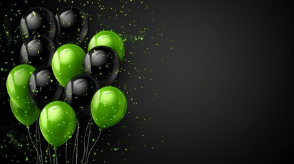Black friday sale ad with green and black balloons on dark background, text space, shopping concept.